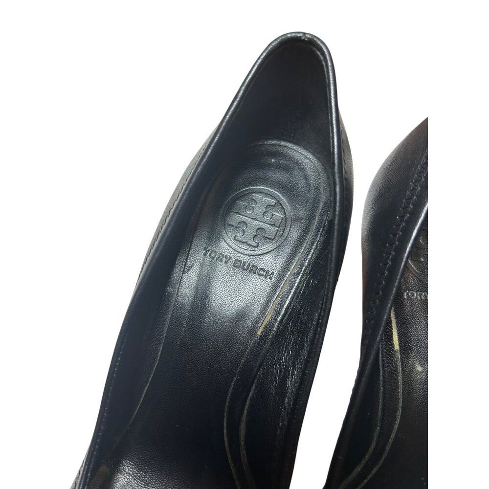 Tory Burch “Sophie” Black Buttery Soft Leather Wedge Pumps Gold Logo Size 10 M - Picture 6 of 9